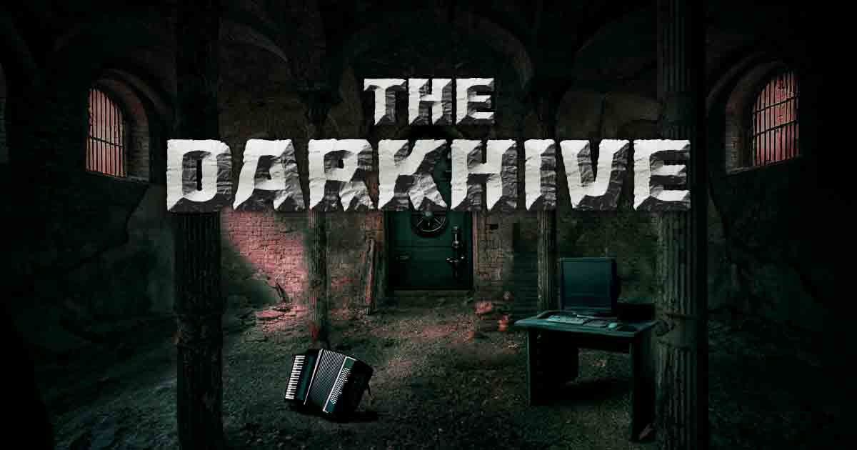 The Darkhive. Image featuring a filthy tomb with an old computer and a forgotten accordion.